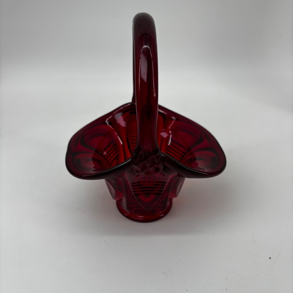 Vintage Ruby Red Glass Basket Pressed Pattern Scalloped Edge Applied Handle 6in